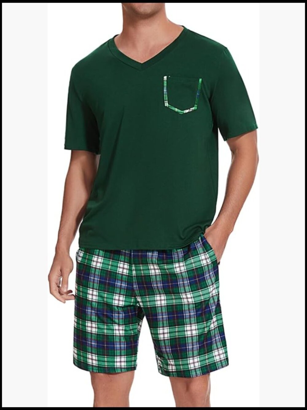 Cotton Pajama Set with Pockets, Short Sleeve Top and Plaid Shorts